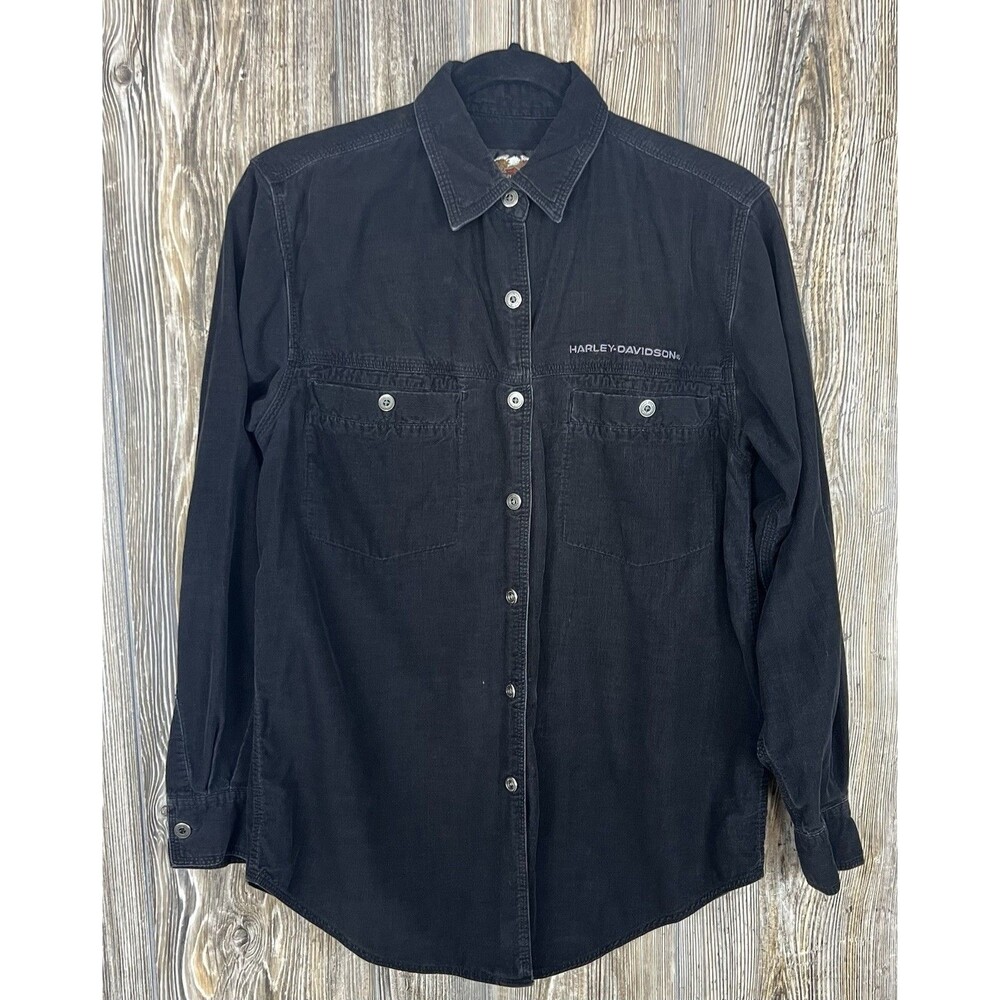 VTG Harley-Davidson Shirt Men's Med Black Long Sleeve Corduroy Motorcycle‎ Biker